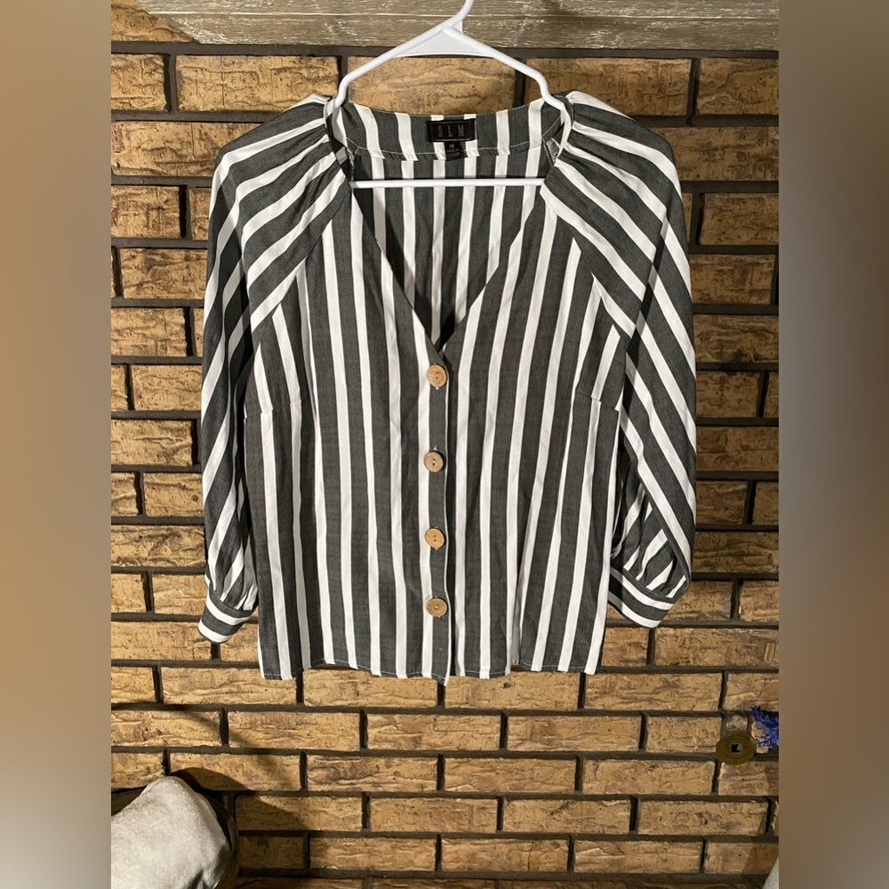 Grey and white striped OLM blouse‎